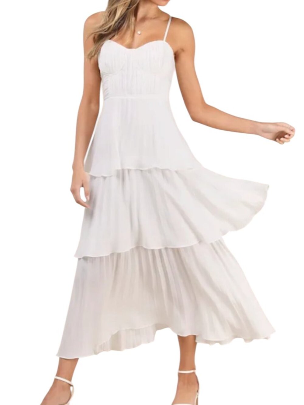 Lulus Cascading Crush Chiffon Dress Tiered Pleated Fit Flare White S - Picture 2 of 13